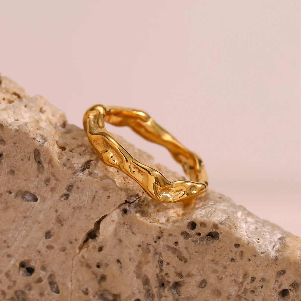 Irregular Water Wave Hammered Gold Plated Ring