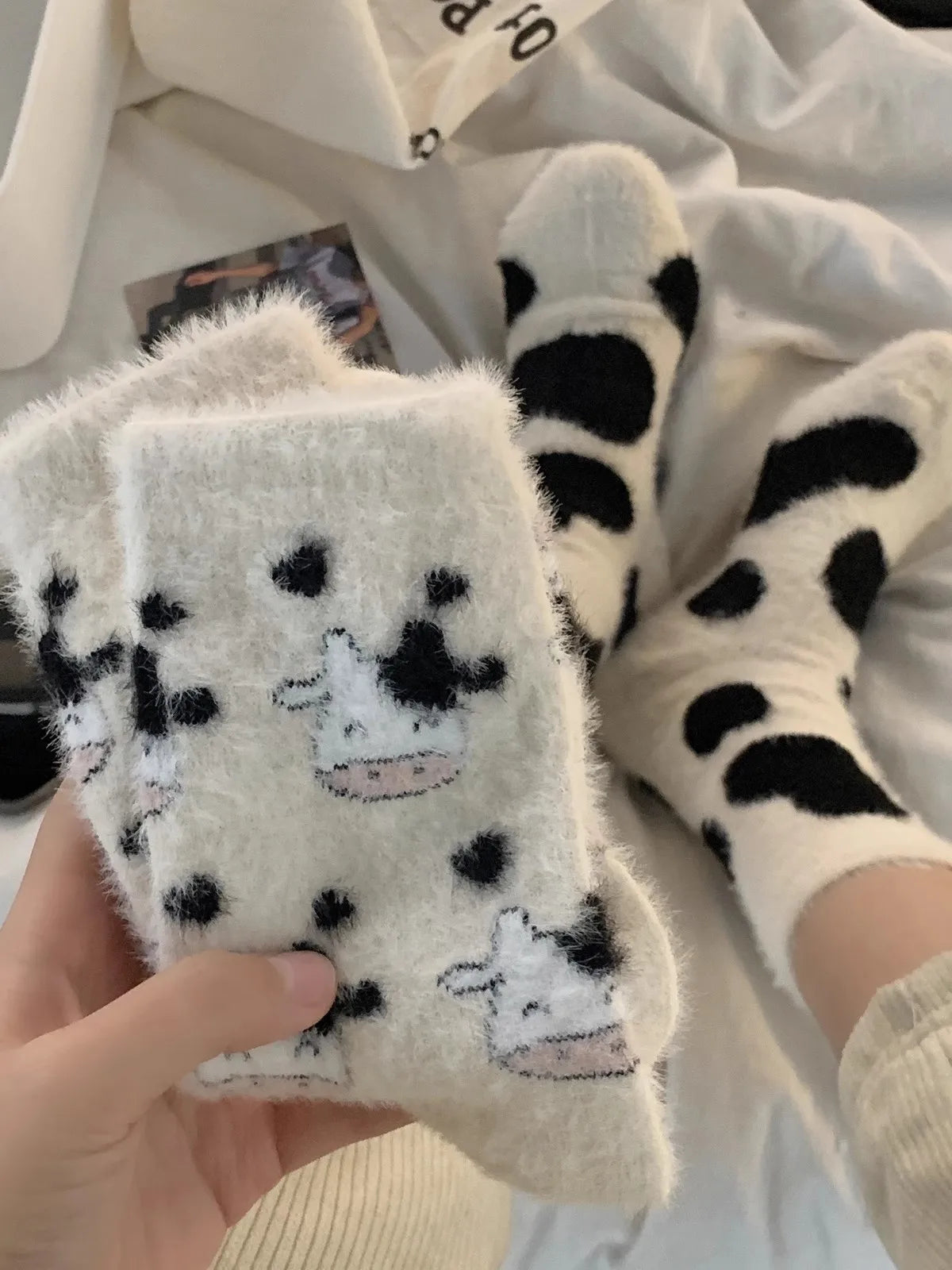 Kawaii Cow Print Plush Velvet Winter Socks