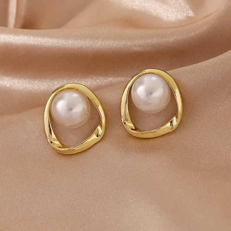 Elegant Gold Faux Pearl Round Stud Earrings