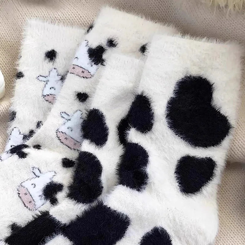 Kawaii Cow Print Plush Velvet Winter Socks
