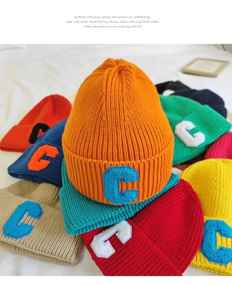 Unisex Winter Knitted Beanie with Big "C" Letter - Available in Multiple Colors