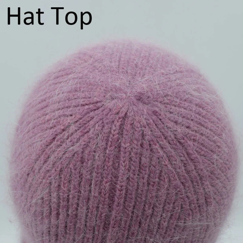 Winter Angola Rabbit Fur Knitted Beanies For Women Fashion Solid Warm Cashmere Wool Skullies Cap Female Three Fold Thick Hats