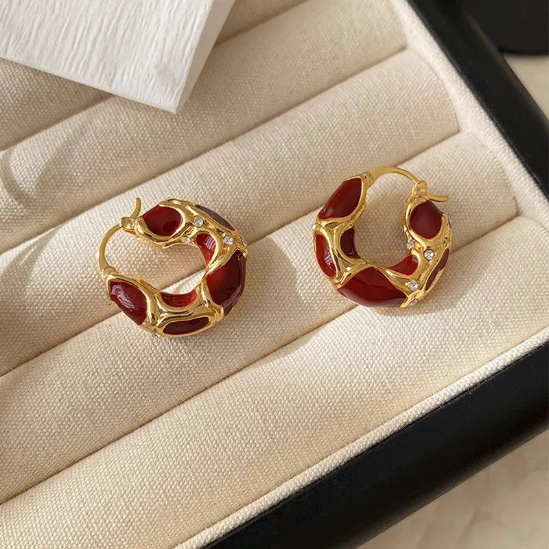 French Light Luxury Enamel Thick Rhinestone Hoop Earrings