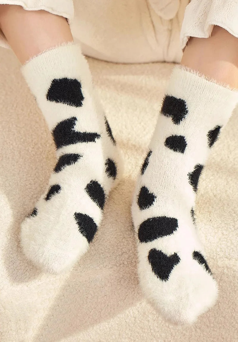 Kawaii Cow Print Plush Velvet Winter Socks