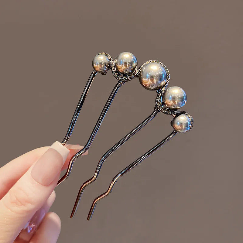 Elegant Metal U-Shaped Hair Stick Clips with Faux Pearl Accents