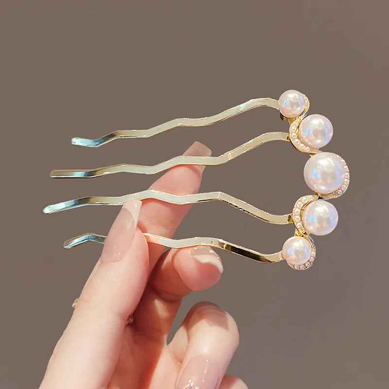 Elegant Metal U-Shaped Hair Stick Clips with Faux Pearl Accents