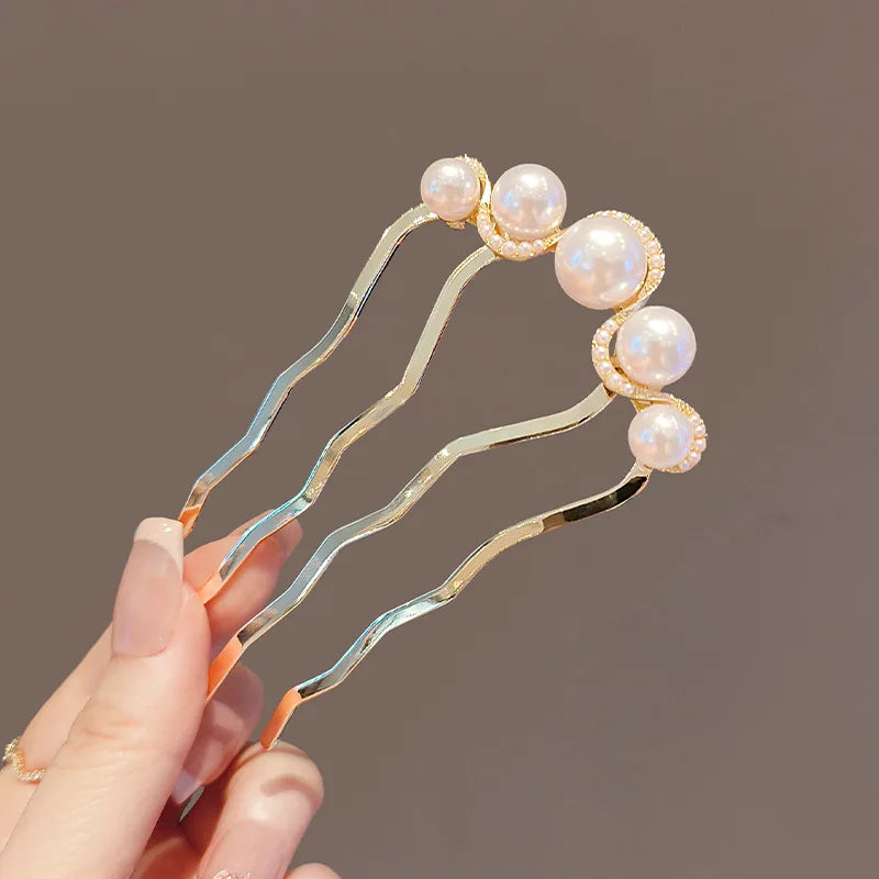 Elegant Metal U-Shaped Hair Stick Clips with Faux Pearl Accents