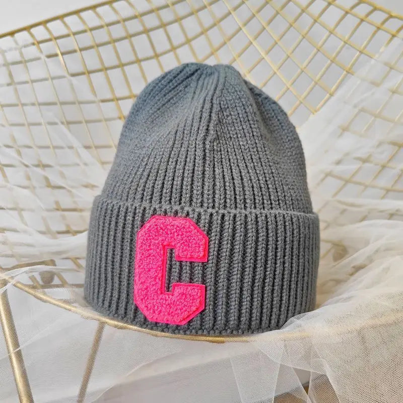Unisex Winter Knitted Beanie with Big "C" Letter - Available in Multiple Colors