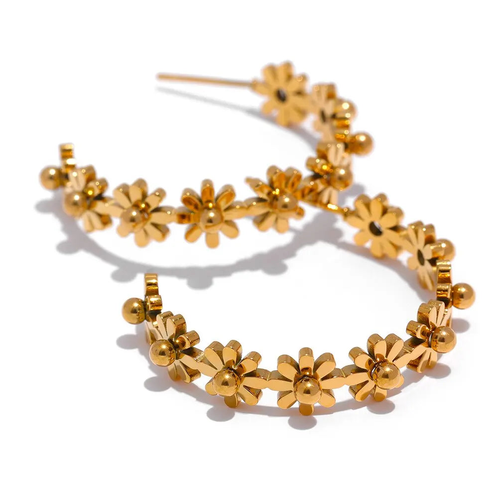 Trendy Golden Metal Round Flower Hoop Earrings