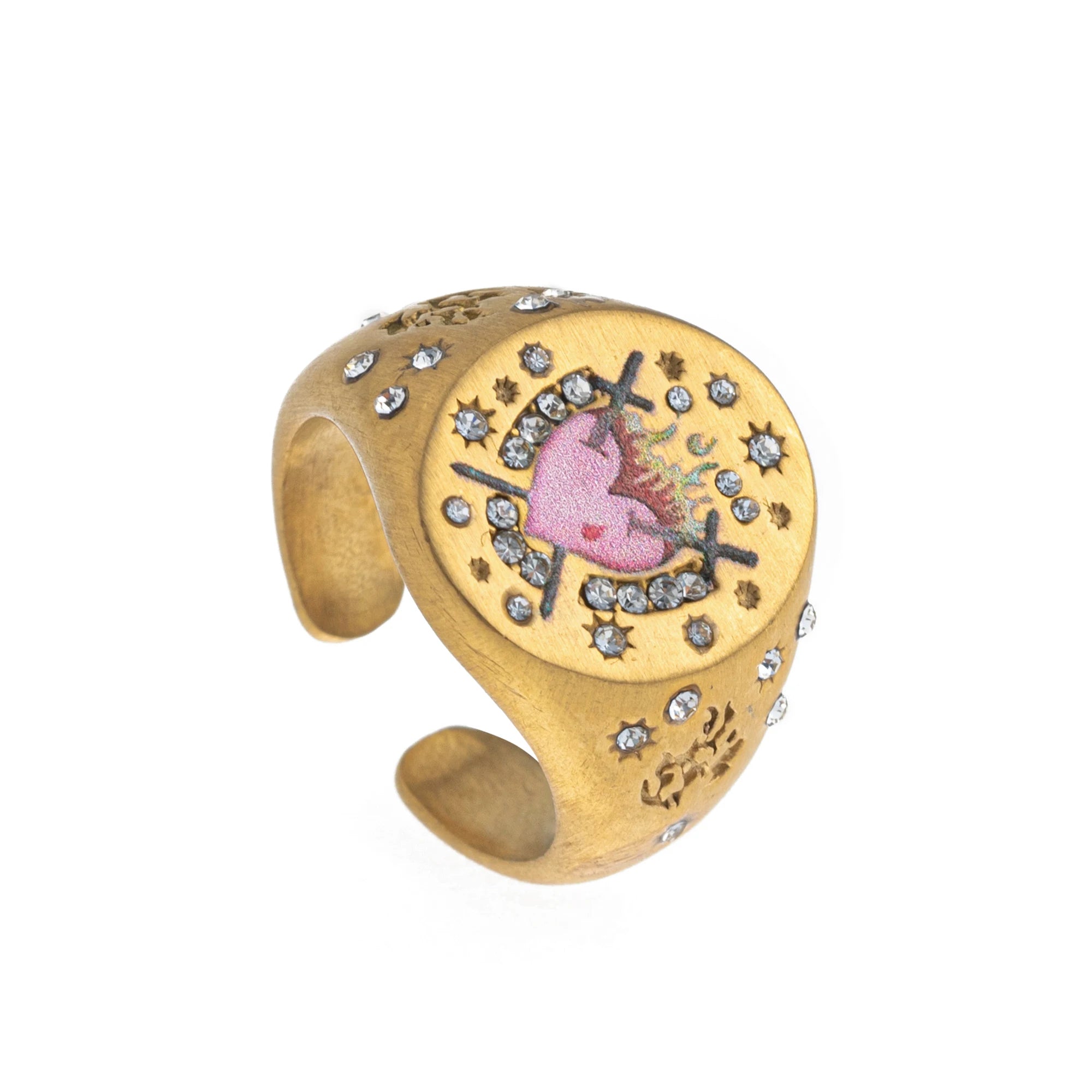 Emblem of Strength Gold‑Plated Art Ring – Lion, Mermaid, Doves, Cupid, Skull & Evil Eye Design