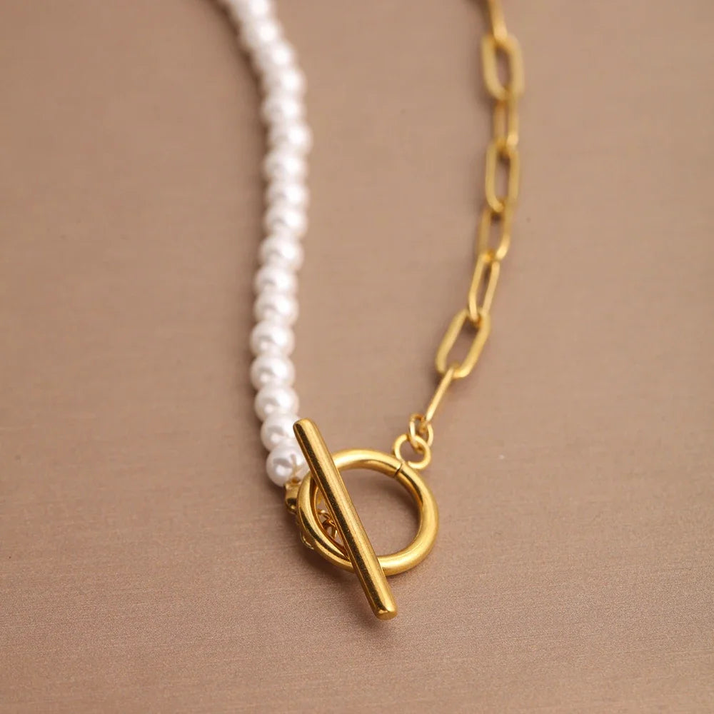 Gold Color Simulated Pearl Necklace – Adjustable Choker