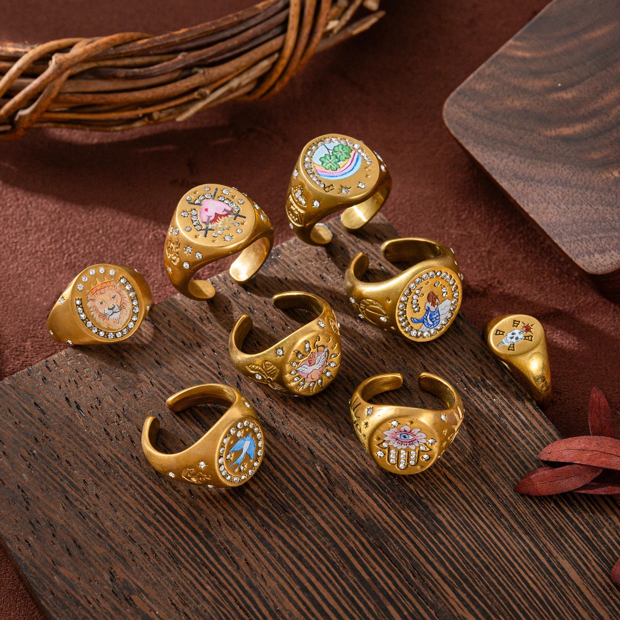 Emblem of Strength Gold‑Plated Art Ring – Lion, Mermaid, Doves, Cupid, Skull & Evil Eye Design