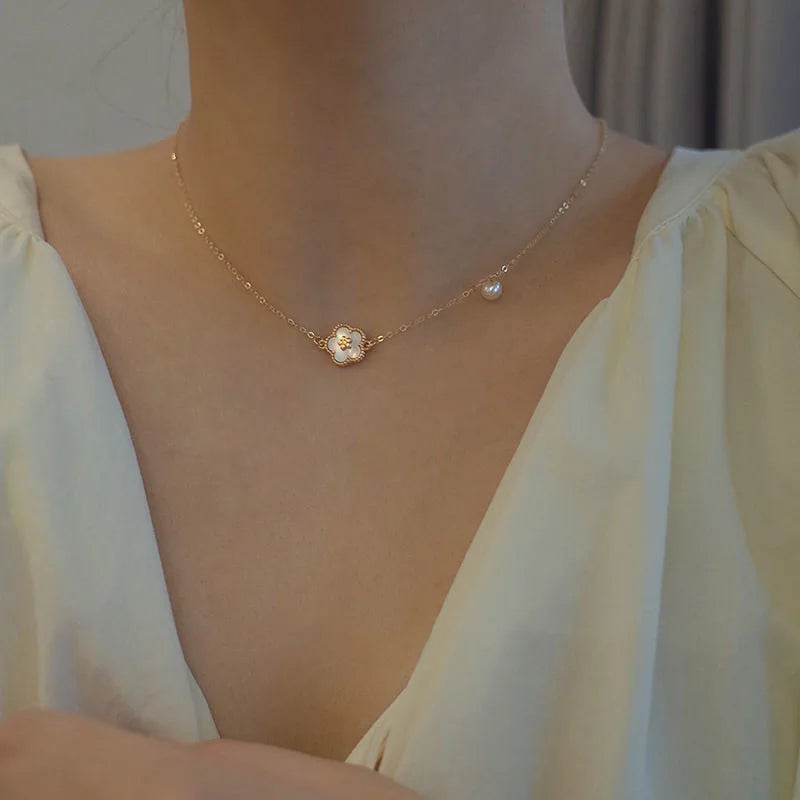 Delicate White Shell Flower Pearl Tassel Pendant