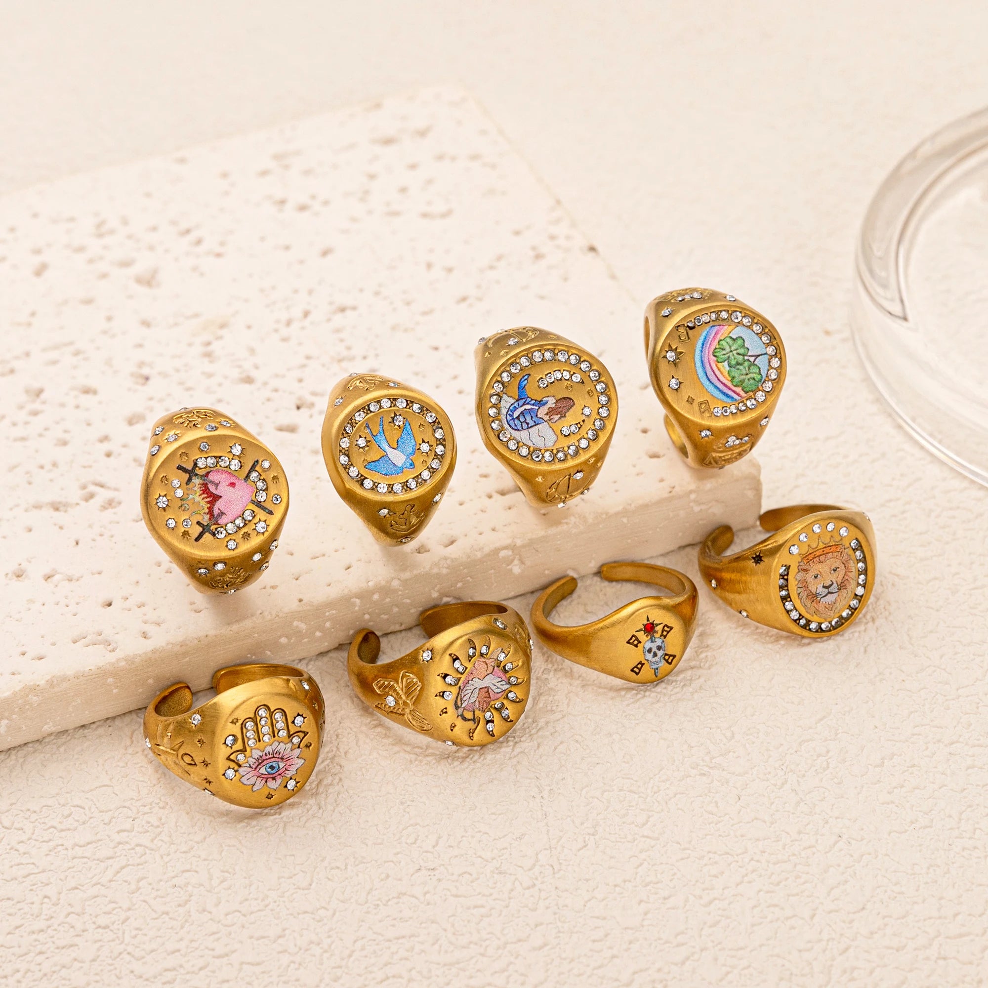 Emblem of Strength Gold‑Plated Art Ring – Lion, Mermaid, Doves, Cupid, Skull & Evil Eye Design