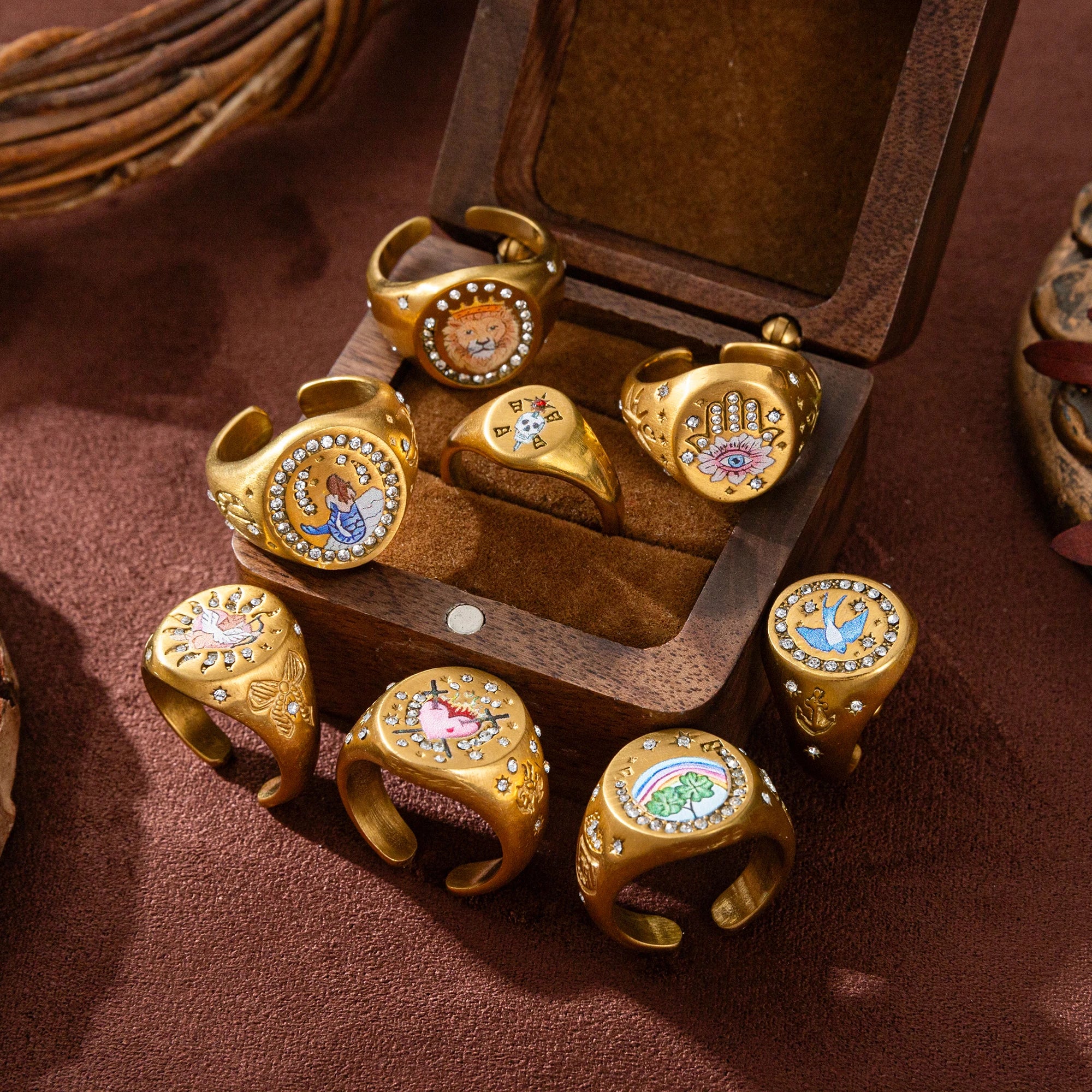 Emblem of Strength Gold‑Plated Art Ring – Lion, Mermaid, Doves, Cupid, Skull & Evil Eye Design
