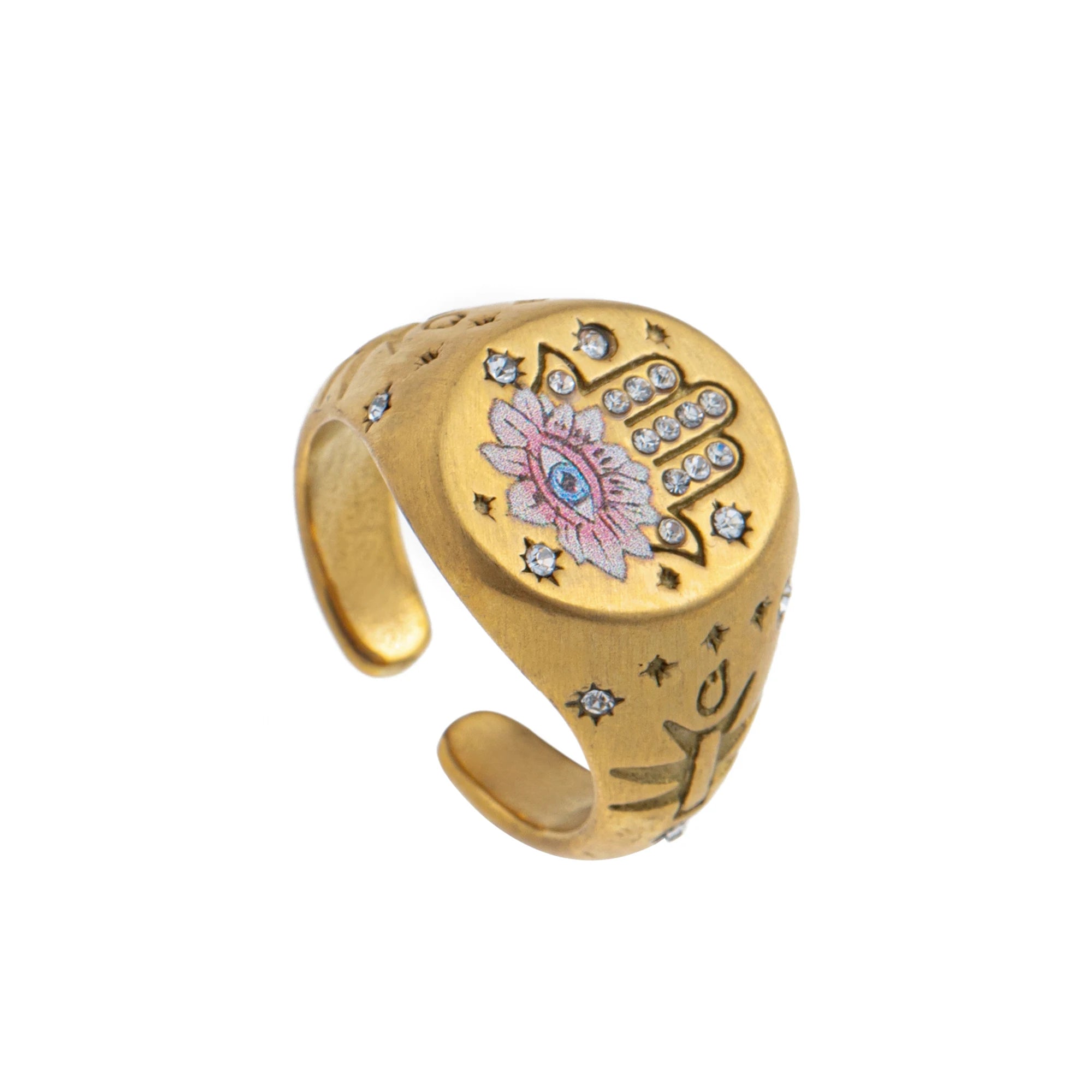 Emblem of Strength Gold‑Plated Art Ring – Lion, Mermaid, Doves, Cupid, Skull & Evil Eye Design
