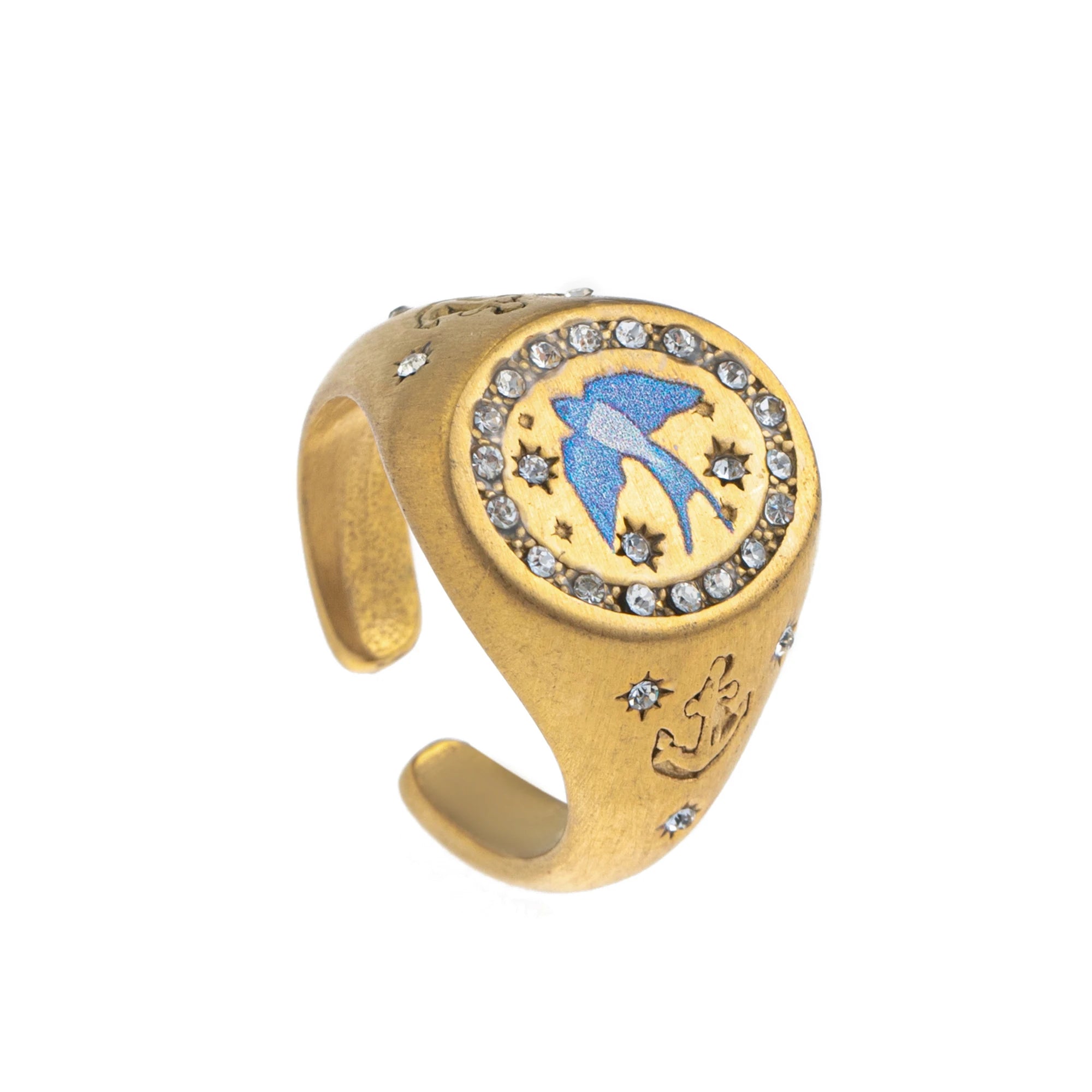 Emblem of Strength Gold‑Plated Art Ring – Lion, Mermaid, Doves, Cupid, Skull & Evil Eye Design
