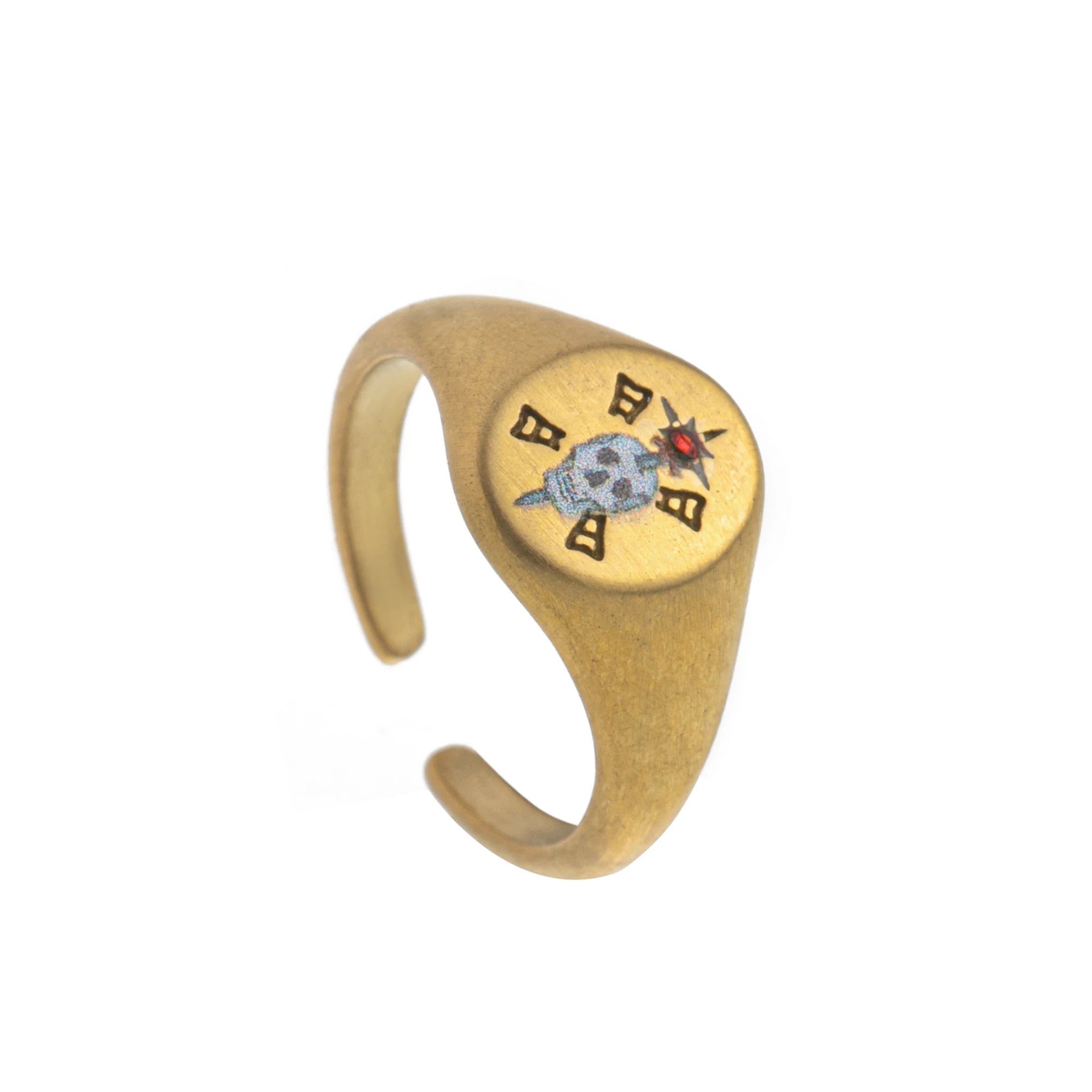 Emblem of Strength Gold‑Plated Art Ring – Lion, Mermaid, Doves, Cupid, Skull & Evil Eye Design
