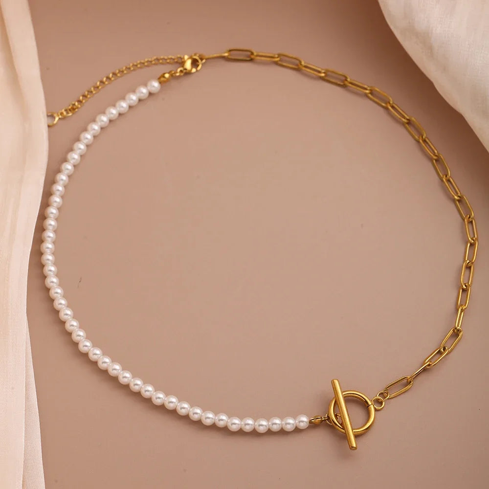 Gold-Color Simulated Pearl Necklace – Adjustable Choker