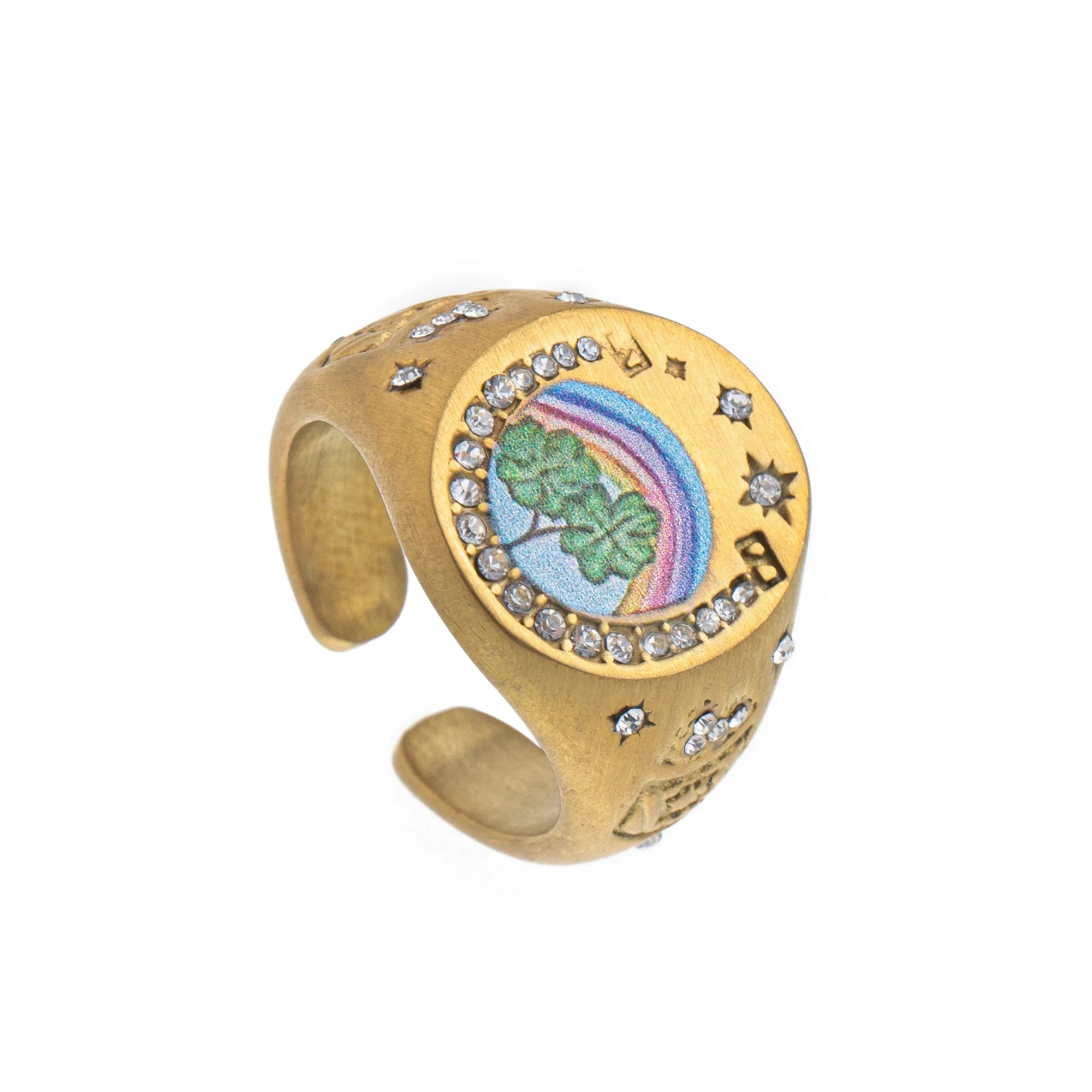 Emblem of Strength Gold‑Plated Art Ring – Lion, Mermaid, Doves, Cupid, Skull & Evil Eye Design