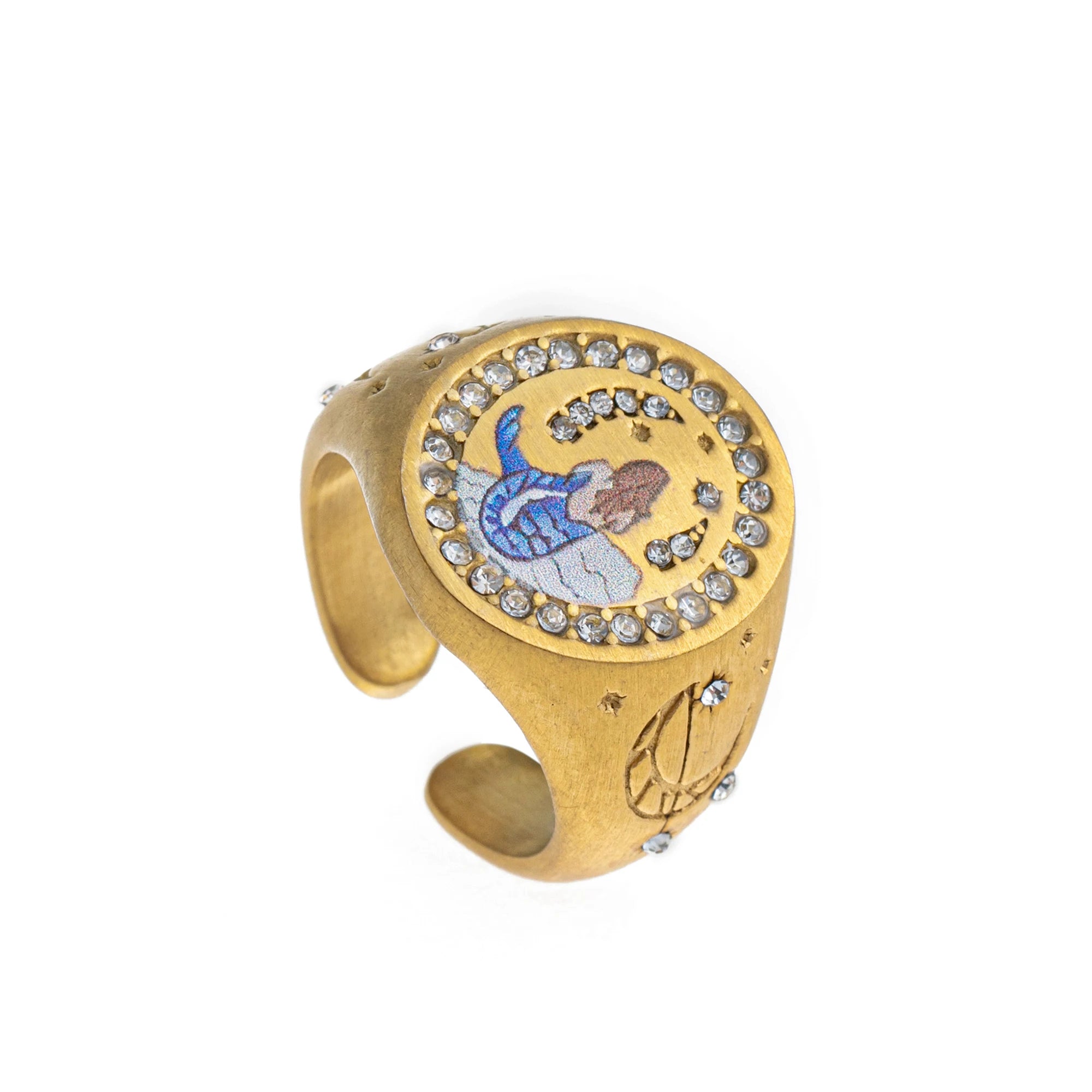 Emblem of Strength Gold‑Plated Art Ring – Lion, Mermaid, Doves, Cupid, Skull & Evil Eye Design