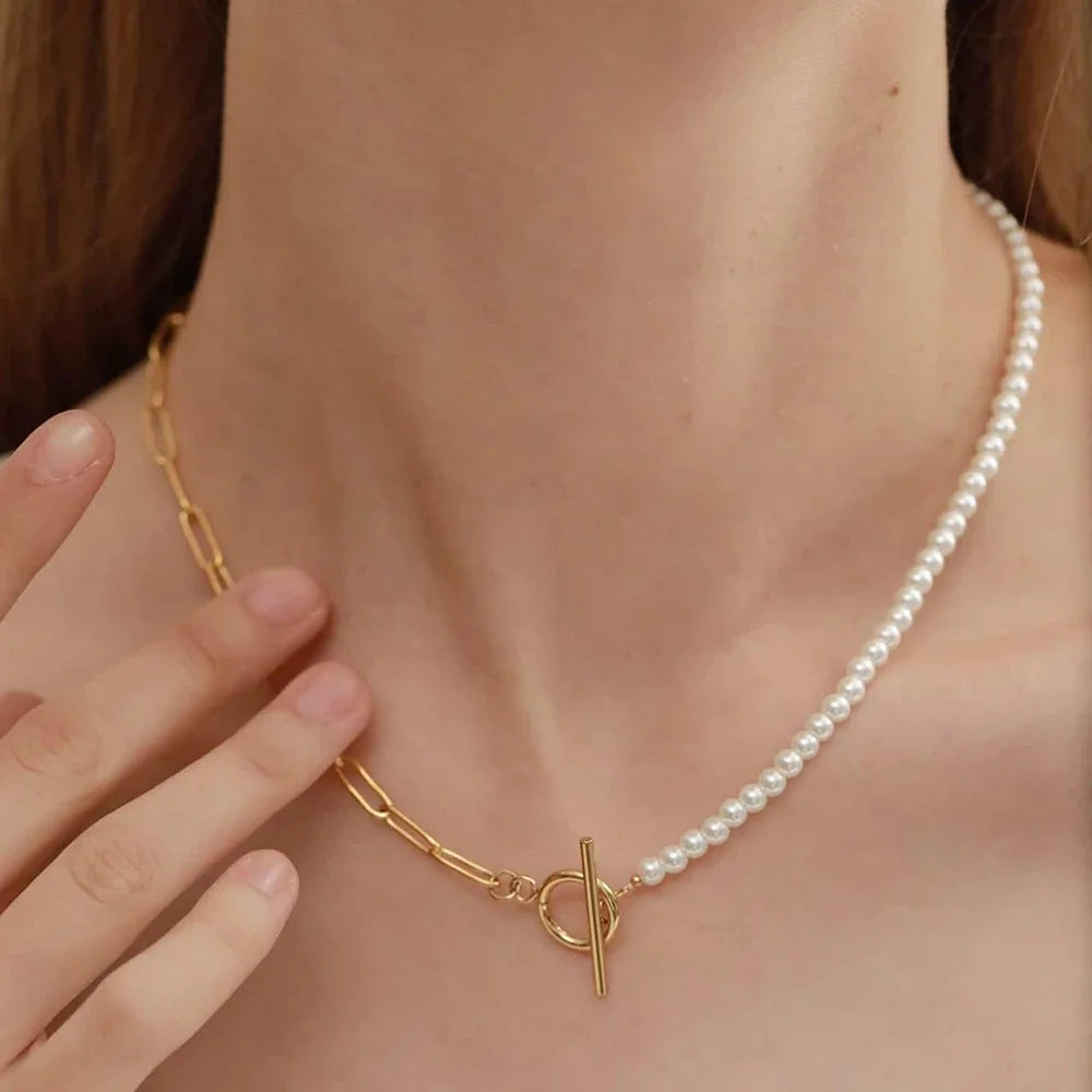 Gold-Color Simulated Pearl Necklace – Adjustable Choker