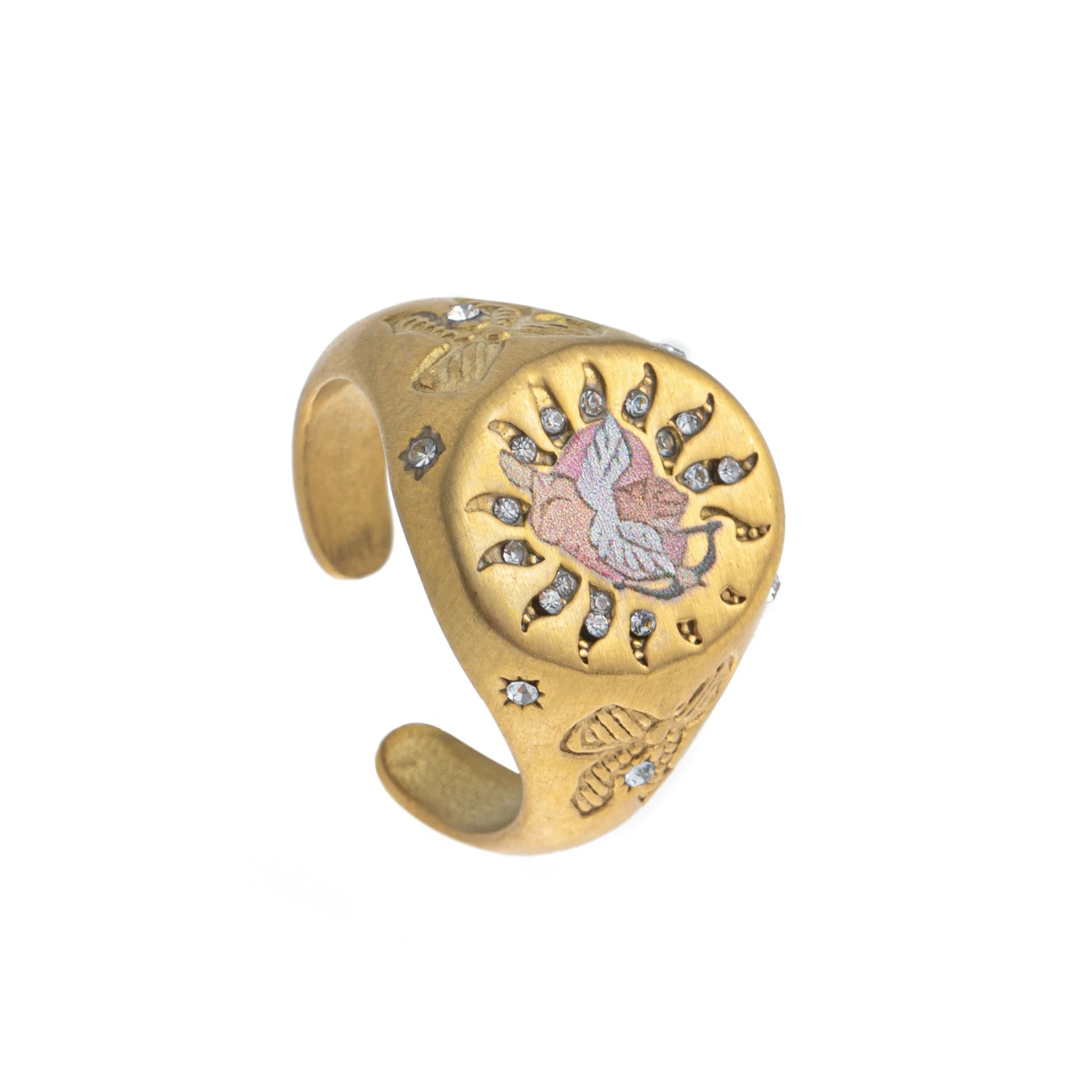 Emblem of Strength Gold‑Plated Art Ring – Lion, Mermaid, Doves, Cupid, Skull & Evil Eye Design
