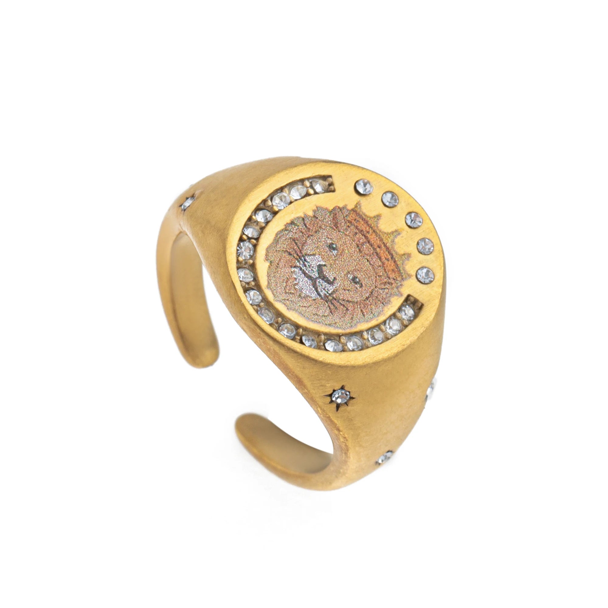 Emblem of Strength Gold‑Plated Art Ring – Lion, Mermaid, Doves, Cupid, Skull & Evil Eye Design